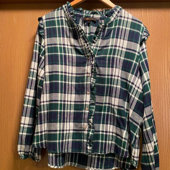 FRYE Women's Plaid Ruffle Button Front Shirt Top XL Green White Holiday - Picture 1 of 3